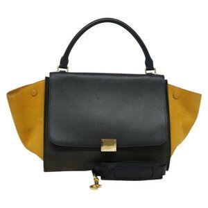 CELINE Trapeze Hand Bag Leather 2way Navy Gold Auth BA400